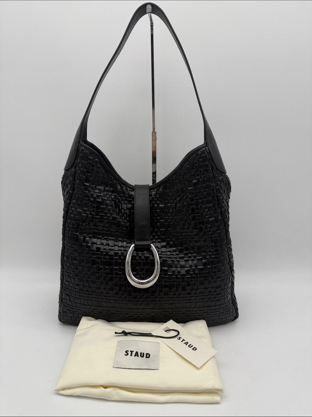 STAUD
Maya Moon Buckle Woven Leather Hobo Bag Black
